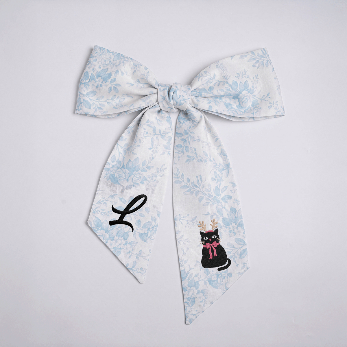 Custom Letter Christmas Black Cat Embroidered Linen Wreath Sash, Personalized Monogram Holiday Bow Sash for Door Decor