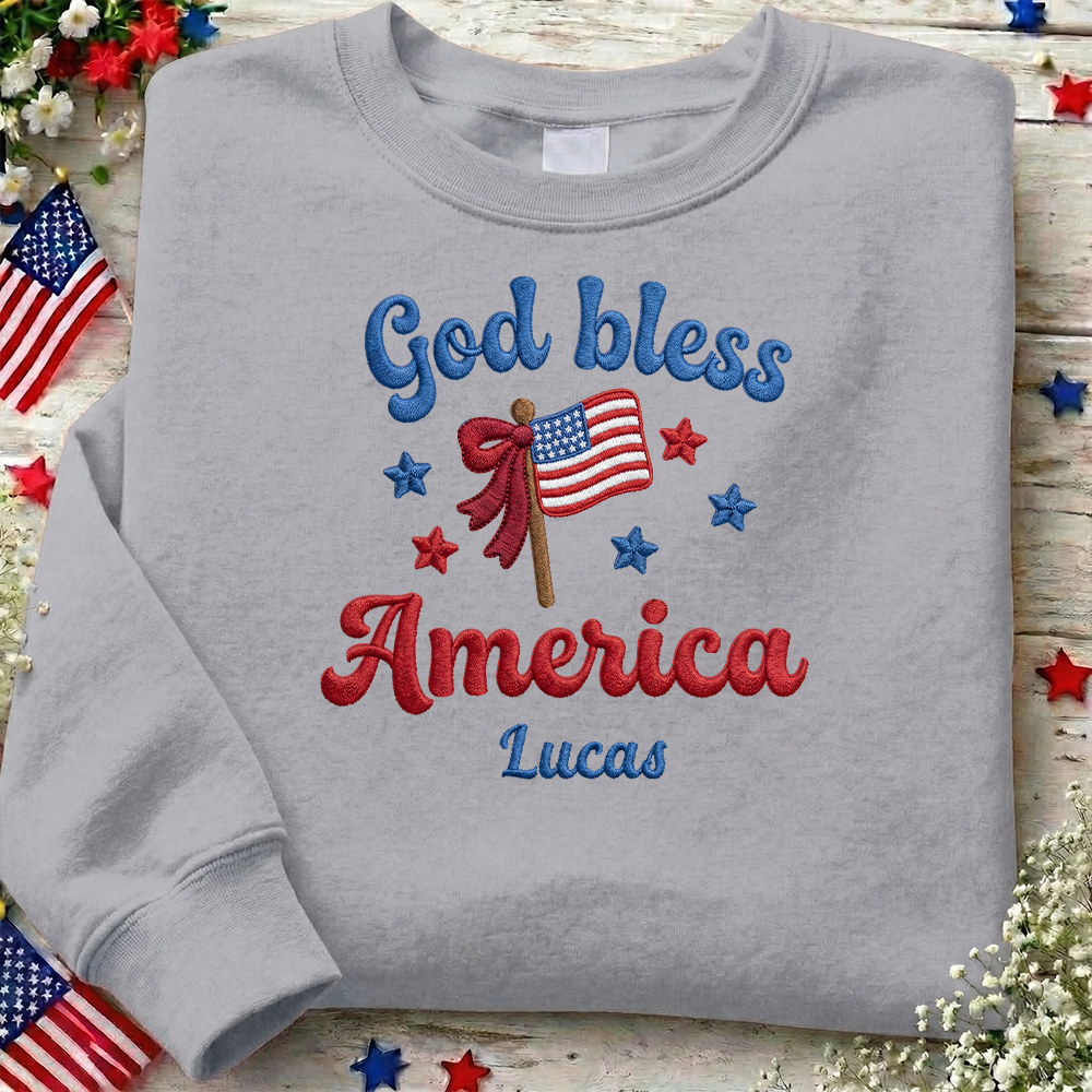 God Bless America - Patriotic USA Flag Sweater Design | Independence Day Embroidered Sweatshirt Graphic