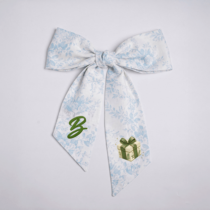 Custom Letter Green Bow Christmas Gift Box Embroidered Linen Wreath Sash, Personalized Monogram Holiday Bow Sash for Door Decor