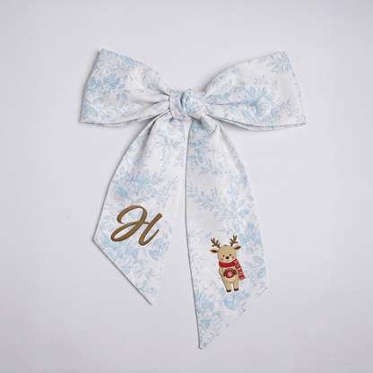Custom Letter Christmas Reindeer Embroidered Linen Wreath Sash, Personalized Monogram Holiday Bow Sash for Door Decor