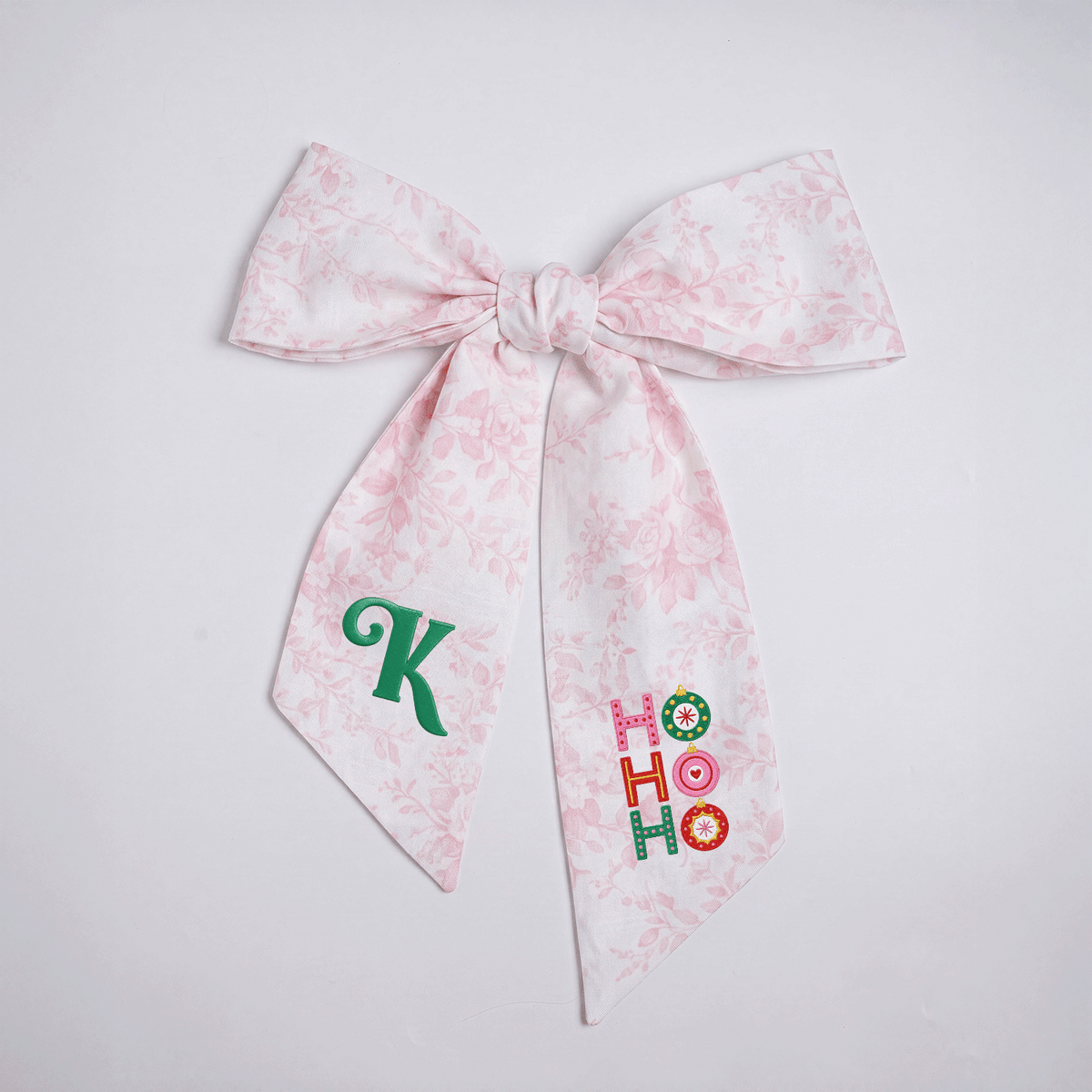 Custom Letter Christmas Ho Ho Ho Embroidered Linen Wreath Sash, Personalized Monogram Festive Ornament Bow Sash for Front Door Decor
