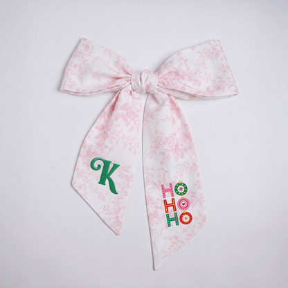 Custom Letter Christmas Ho Ho Ho Embroidered Linen Wreath Sash, Personalized Monogram Festive Ornament Bow Sash for Front Door Decor