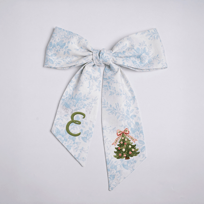 Custom Monogram Christmas Tree Embroidered Linen Door Wreath Sash, Personalized Initial Pink Bow Pine Tree Holiday Wreath Sash & Front Door Decor