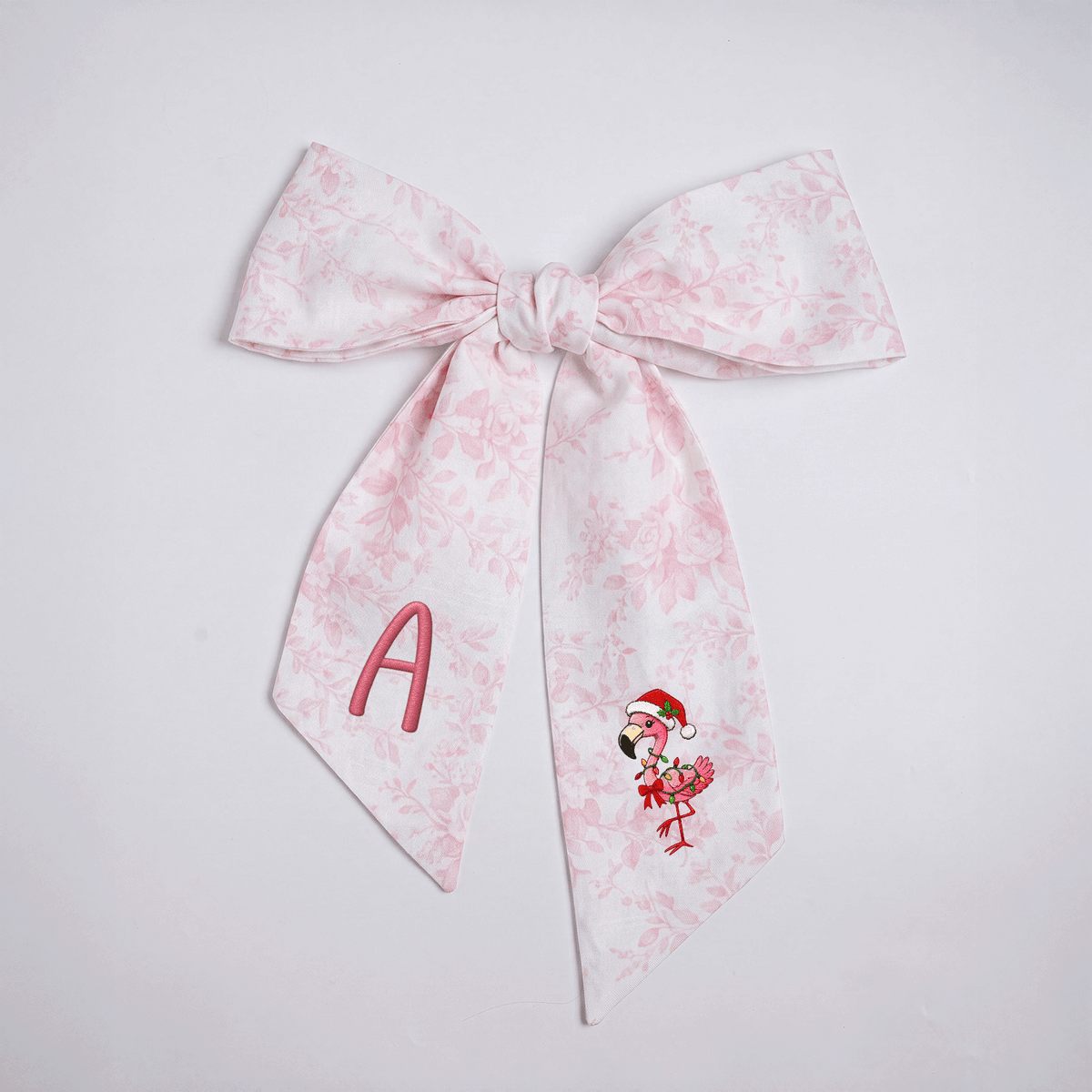 Custom Monogram Christmas Flamingo Floral Toile Wreath Bow, Personalized Initial Holiday Flamingo Wreath Sash & Front Door Decor