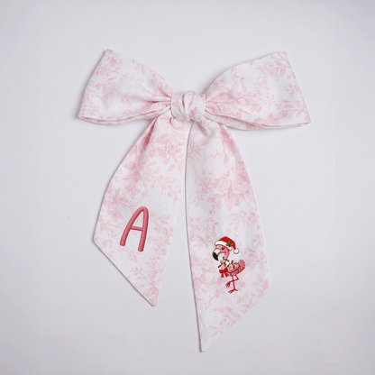 Custom Monogram Christmas Flamingo Floral Toile Wreath Bow, Personalized Initial Holiday Flamingo Wreath Sash & Front Door Decor
