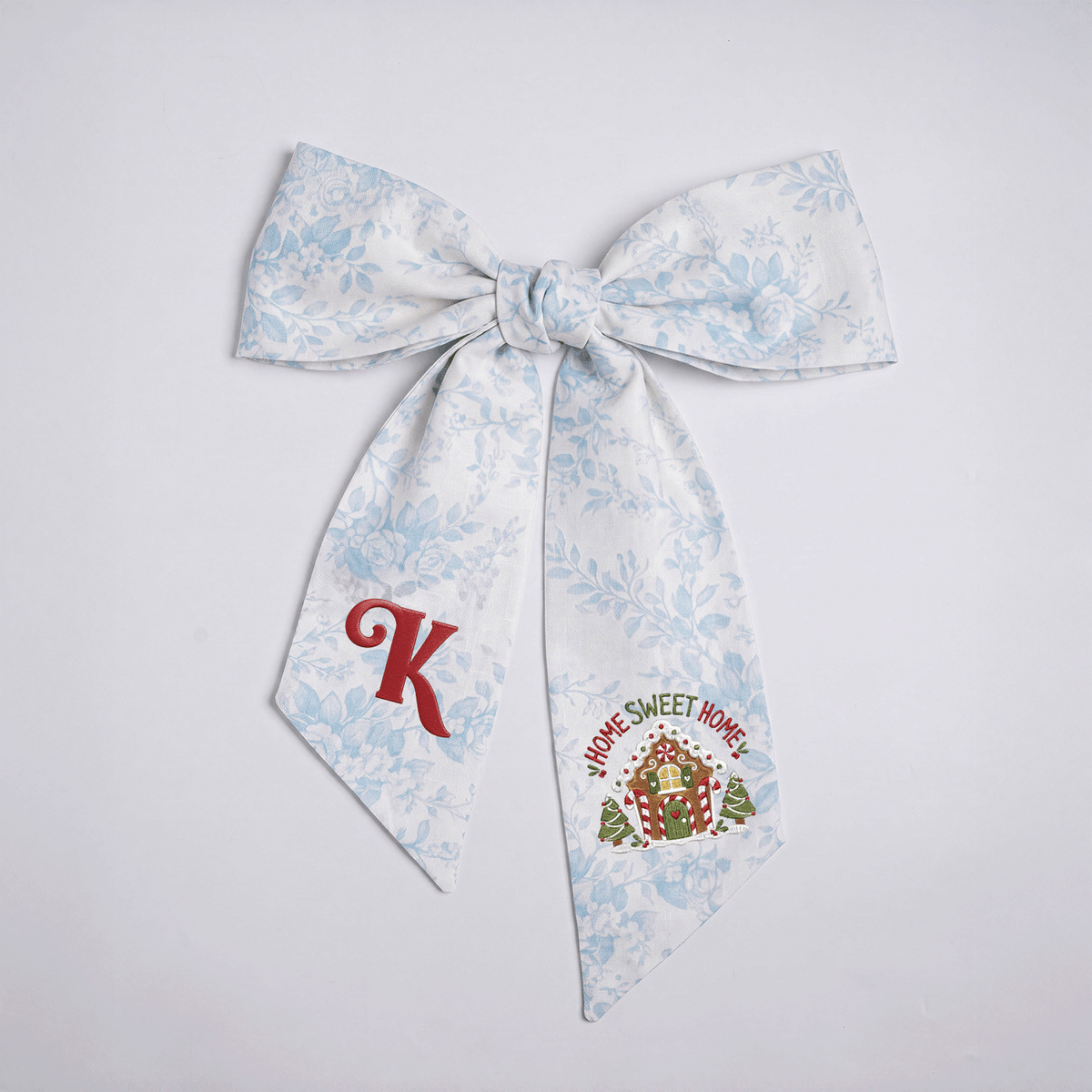 Custom Letter Gingerbread House Home Sweet Home Embroidered Linen Wreath Sash, Personalized Monogram Holiday Bow Sash for Door Decor