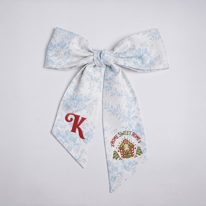Custom Letter Gingerbread House Home Sweet Home Embroidered Linen Wreath Sash, Personalized Monogram Holiday Bow Sash for Door Decor