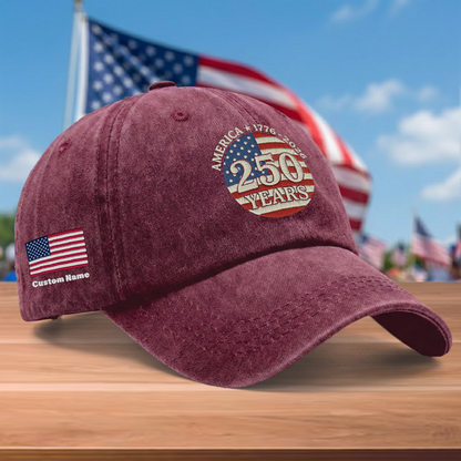America 250 Years 1776-2026 Embroidered Washed Denim Baseball Cap – Custom Name Patriotic USA Anniversary Hat