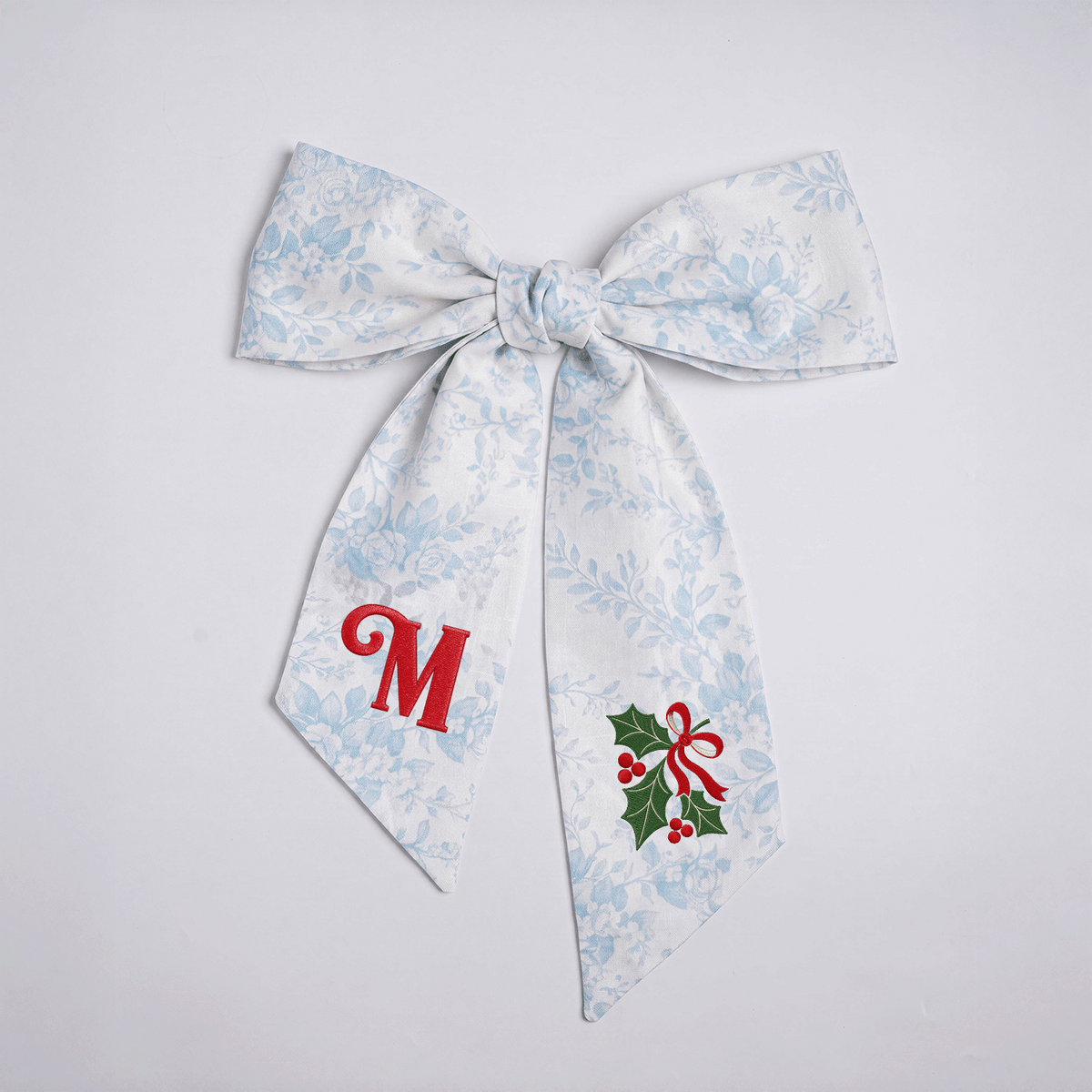 Custom Letter Christmas Holly Berry Embroidered Linen Wreath Sash, Personalized Monogram Holiday Bow Sash for Front Door Decor