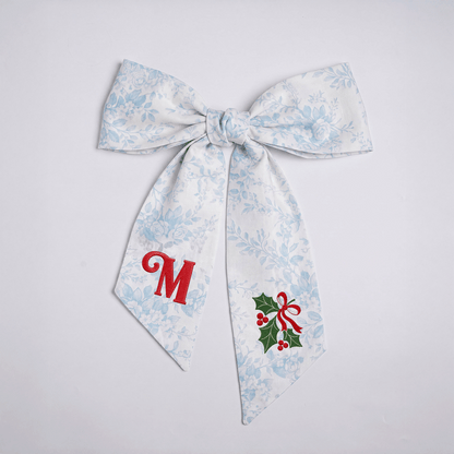 Custom Letter Christmas Holly Berry Embroidered Linen Wreath Sash, Personalized Monogram Holiday Bow Sash for Front Door Decor