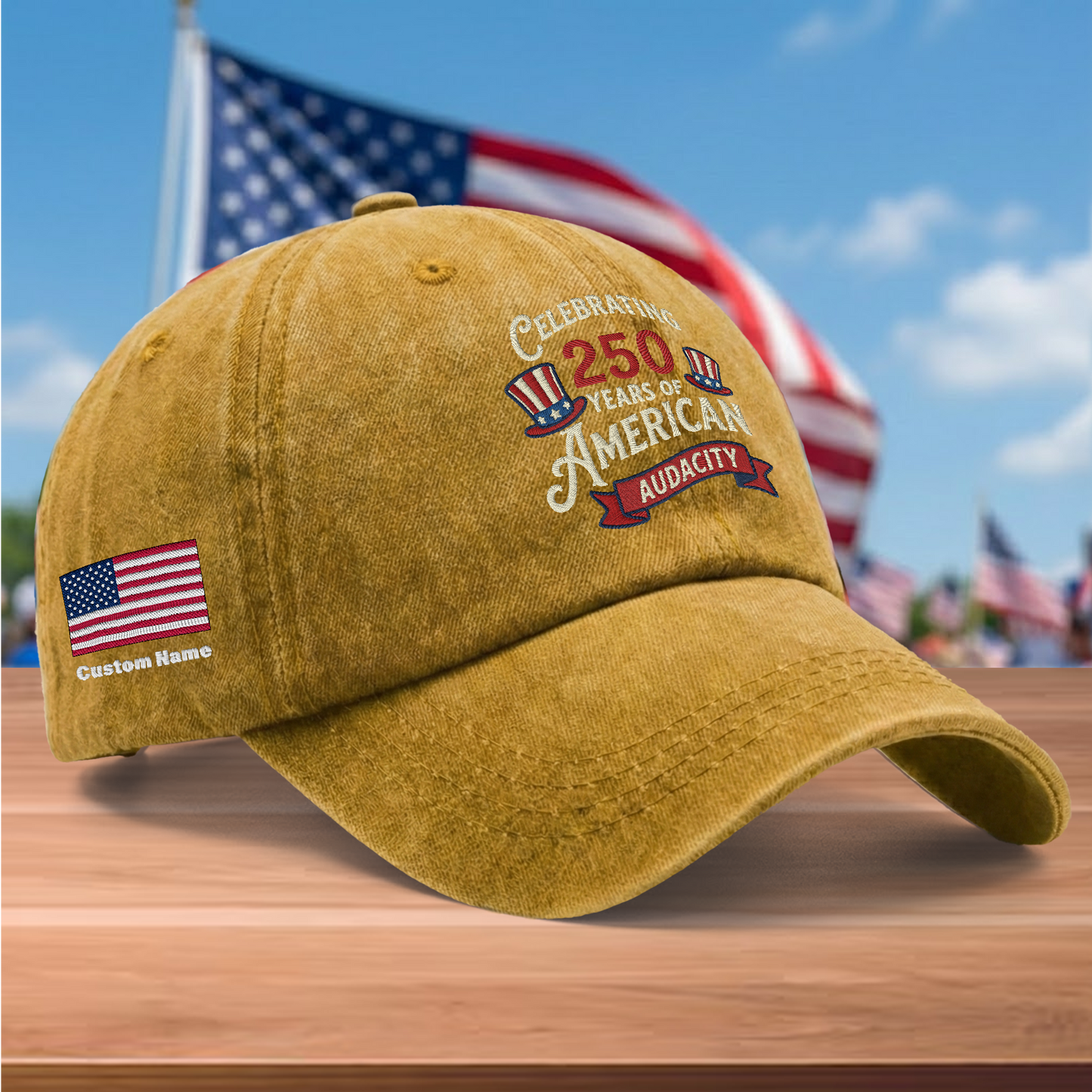 Celebrating 250 Years of American Audacity Embroidered Washed Denim Baseball Cap – Custom Name Patriotic USA Anniversary Hat