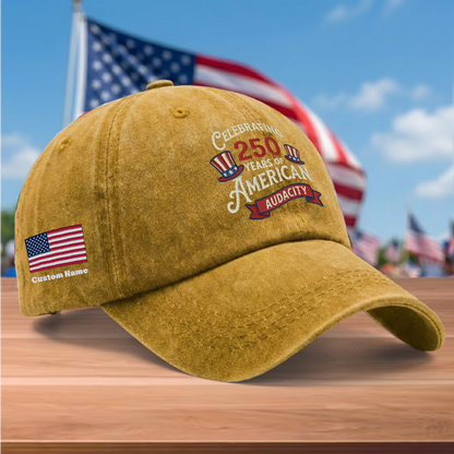 Celebrating 250 Years of American Audacity Embroidered Washed Denim Baseball Cap – Custom Name Patriotic USA Anniversary Hat