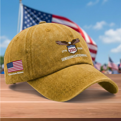USA 250th Semiquincentennial 1776-2026 Eagle Embroidered Washed Denim Baseball Cap – Custom Name Patriotic Anniversary Hat