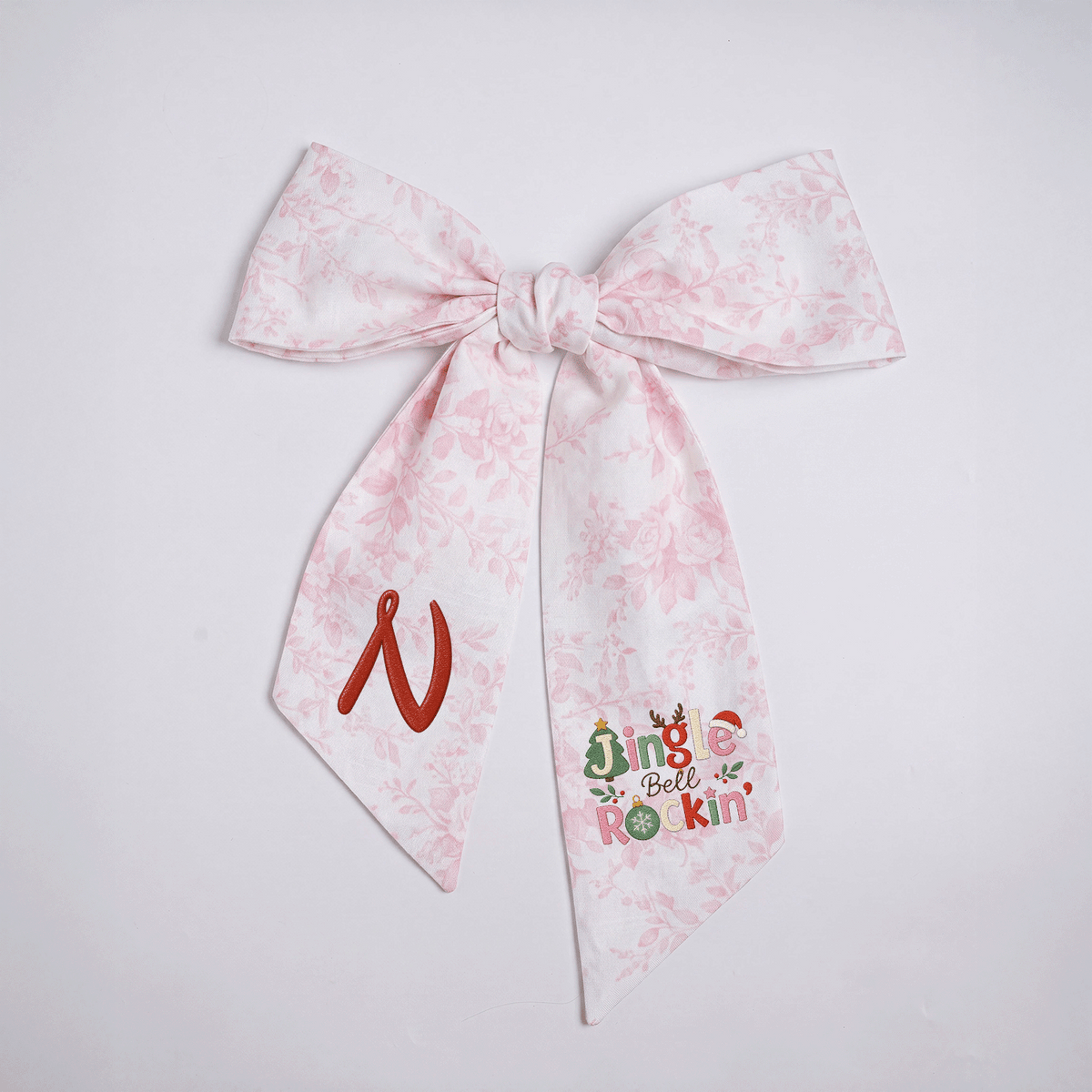 Custom Monogram Jingle Bell Rockin' Embroidered Linen Door Wreath Sash, Personalized Initial Festive Typography Reindeer Santa Hat Holiday Wreath Sash & Front Door Decor