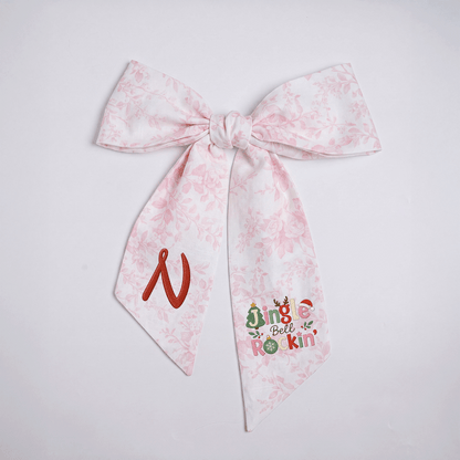Custom Monogram Jingle Bell Rockin' Embroidered Linen Door Wreath Sash, Personalized Initial Festive Typography Reindeer Santa Hat Holiday Wreath Sash & Front Door Decor