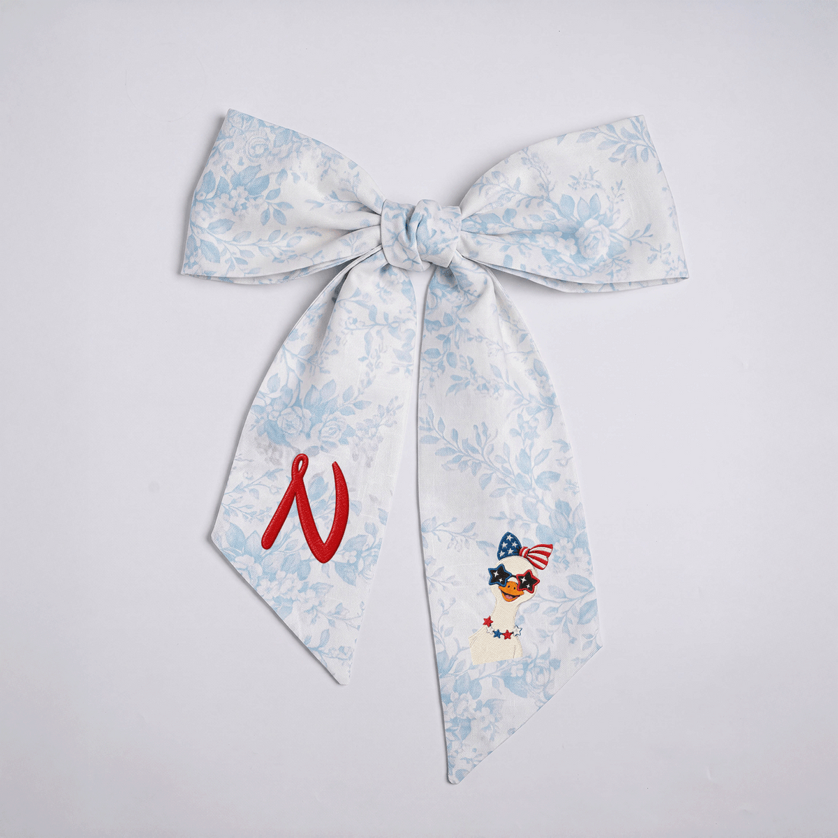 Custom Monogram Patriotic Goose Embroidered Linen Door Wreath Sash, Personalized Initial Bow Goose Gingham Holiday Wreath Sash & Front Door Decor