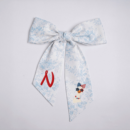Custom Monogram Patriotic Goose Embroidered Linen Door Wreath Sash, Personalized Initial Bow Goose Gingham Holiday Wreath Sash & Front Door Decor