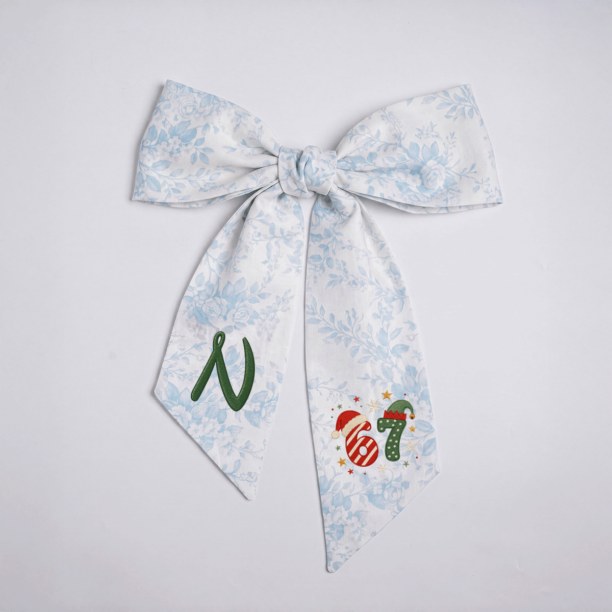 Custom Monogram Christmas 67 Santa Elf Hat Embroidered Linen Door Wreath Sash, Personalized Wreath Sash & Front Door Decor