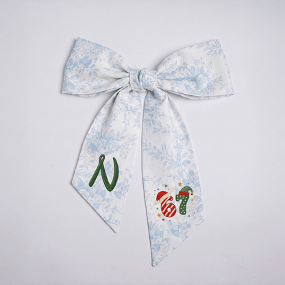 Custom Monogram Christmas 67 Santa Elf Hat Embroidered Linen Door Wreath Sash, Personalized Wreath Sash & Front Door Decor