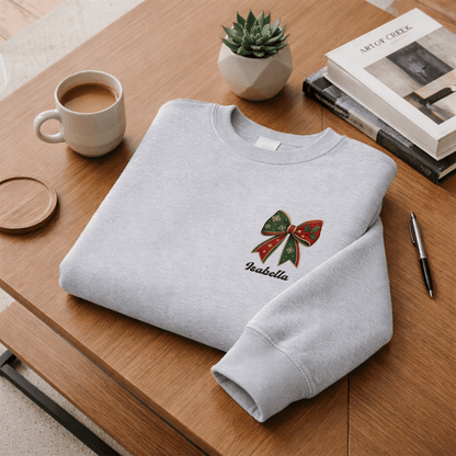 Personalized Christmas Bow Embroidered Sweatshirt | Custom Name Holiday Ribbon Crewneck Gift