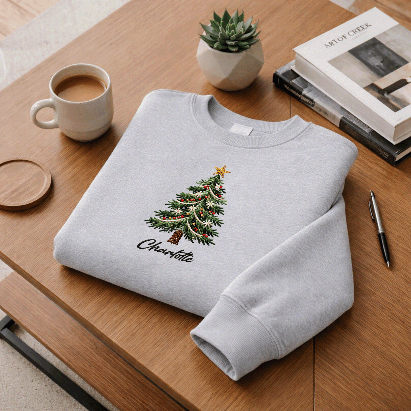 Personalized Embroidered Classic Christmas Tree Sweatshirt with Custom Name