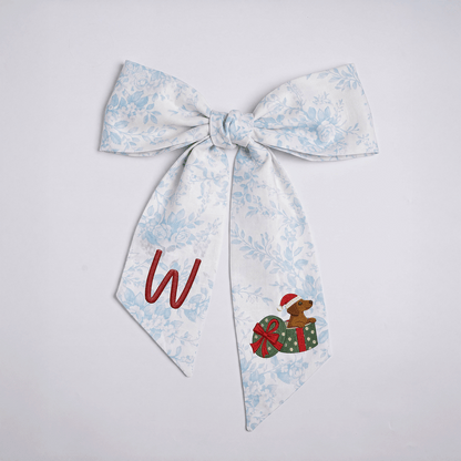 Personalized Monogram Christmas Dog in Present Box Embroidered Linen Door Wreath Sash, Custom Initial Holiday Dachshund Wreath Bow Sash Decor, Festive Front Door Home Accessories