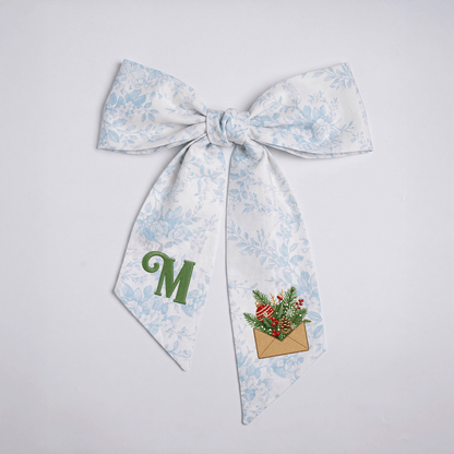 Custom Letter Christmas Envelope Embroidered Linen Wreath Sash, Personalized Monogram Holiday Bow Sash for Front Door Decor