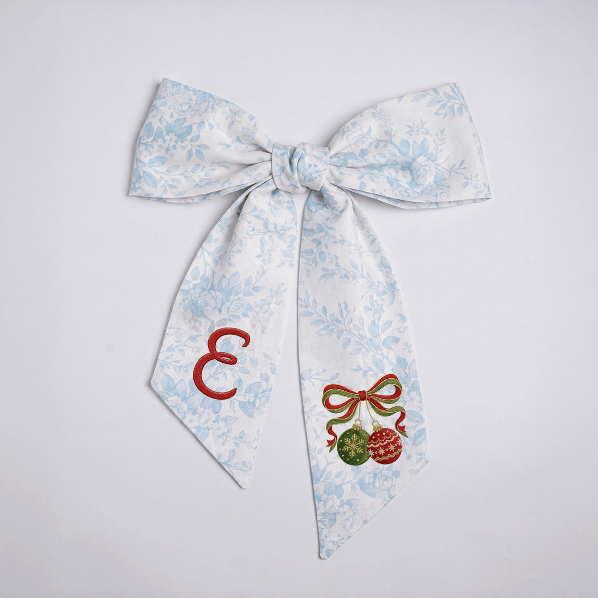 Custom Monogram Christmas Ornaments Embroidered Linen Door Wreath Sash, Personalized Initial Red Green Baubles Ribbon Holiday Wreath Sash & Front Door Decor