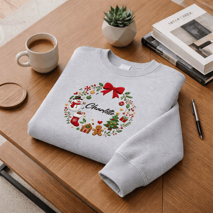Personalized Embroidered Christmas Wreath Sweatshirt with Custom Name