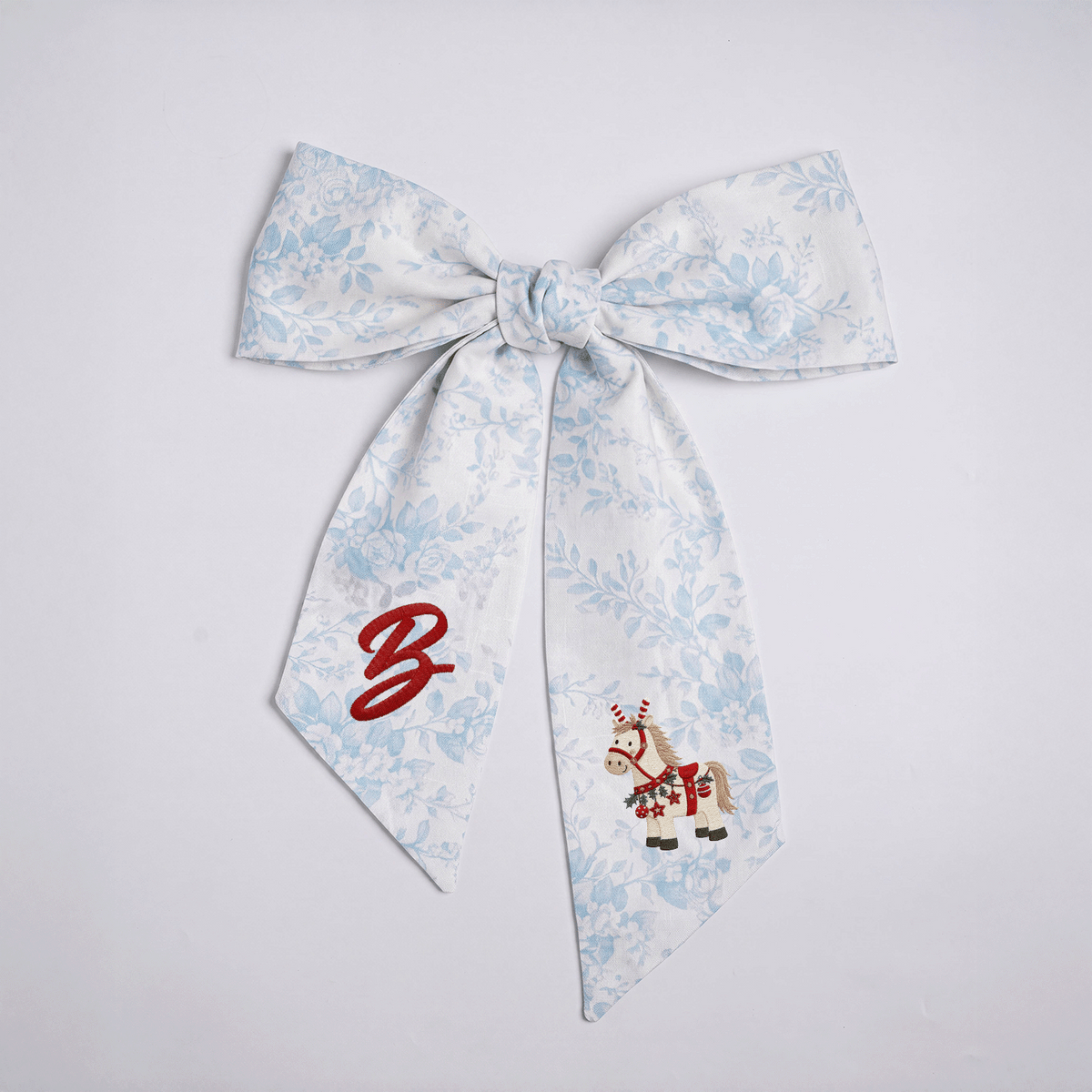Custom Letter Christmas Rocking Horse Embroidered Linen Wreath Sash, Personalized Monogram Holiday Bow Sash for Door Decor