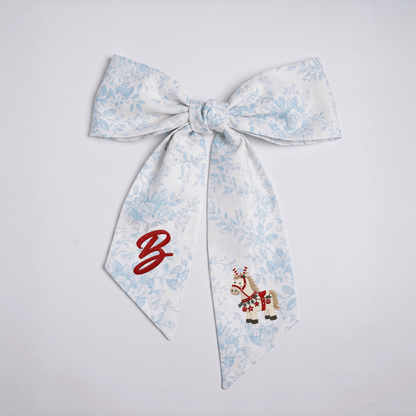 Custom Letter Christmas Rocking Horse Embroidered Linen Wreath Sash, Personalized Monogram Holiday Bow Sash for Door Decor