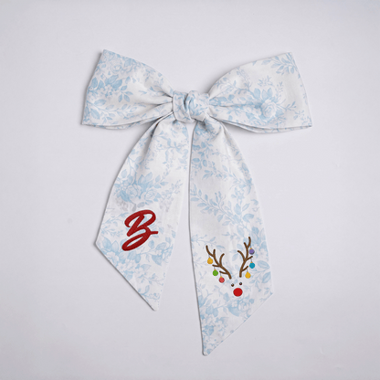 Custom Letter Reindeer Antlers Lights Embroidered Linen Wreath Sash, Personalized Monogram Holiday Bow Sash for Door Decor