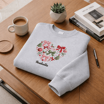 Personalized Embroidered Christmas Heart Wreath Sweatshirt with Custom Name