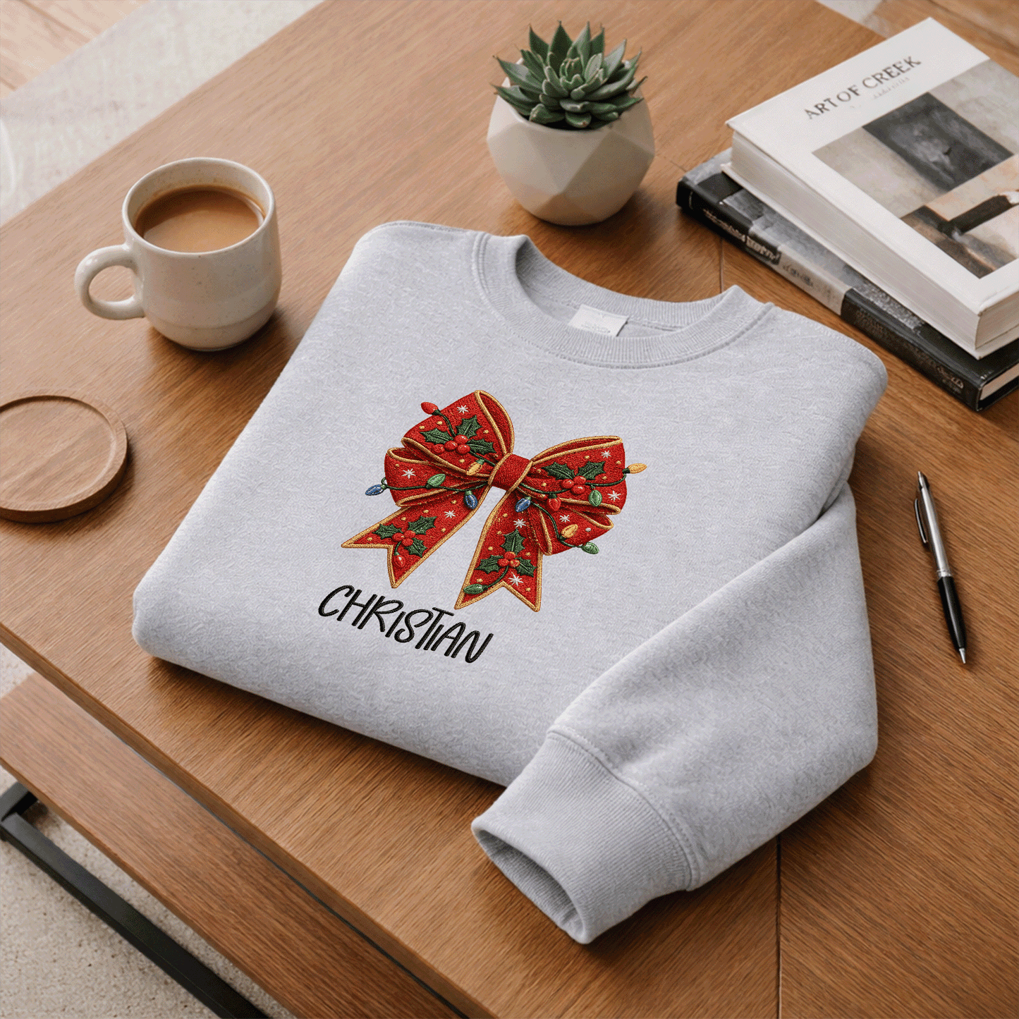 Personalized Embroidered Christmas Bow Sweatshirt with Custom Name
