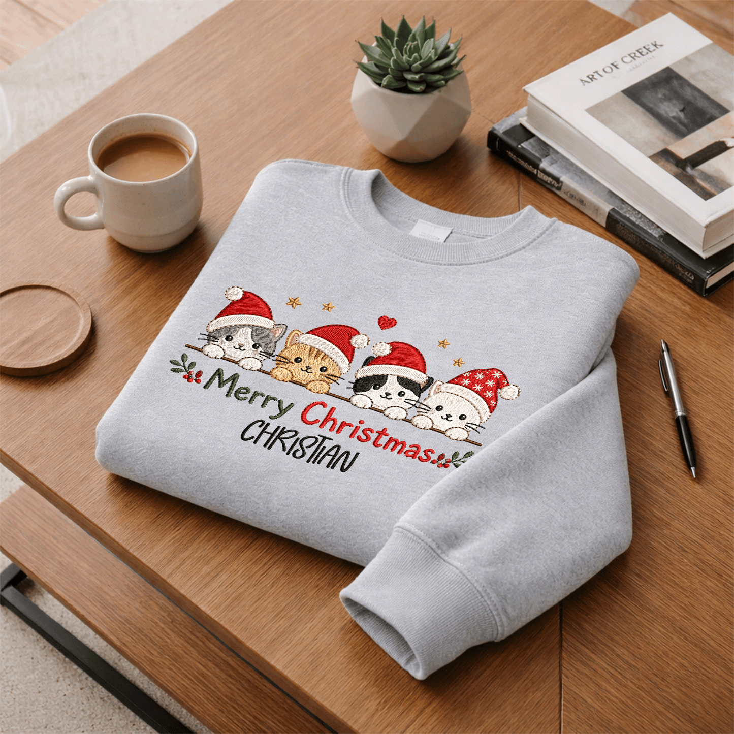 Personalized Embroidered Merry Christmas Cats Sweatshirt with Custom Name