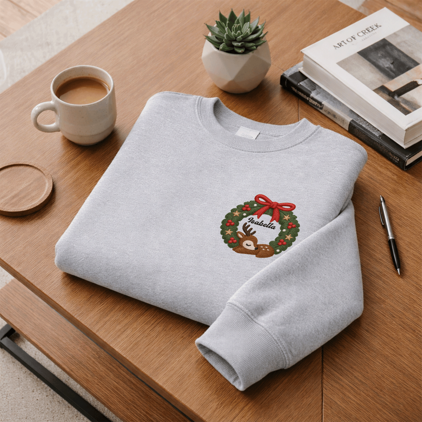 Personalized Deer Christmas Wreath Embroidered Sweatshirt, Custom Name Christmas Crewneck Gift