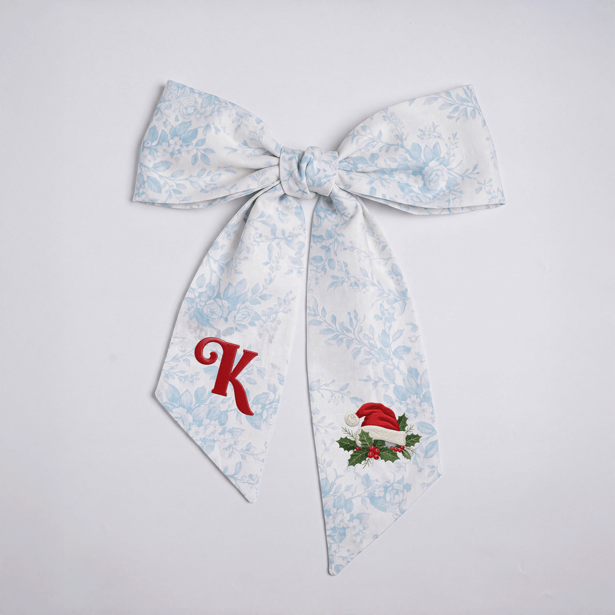 Custom Letter Christmas Santa Hat Embroidered Linen Wreath Sash, Personalized Sage Floral Monogram Bow for Front Door Decor
