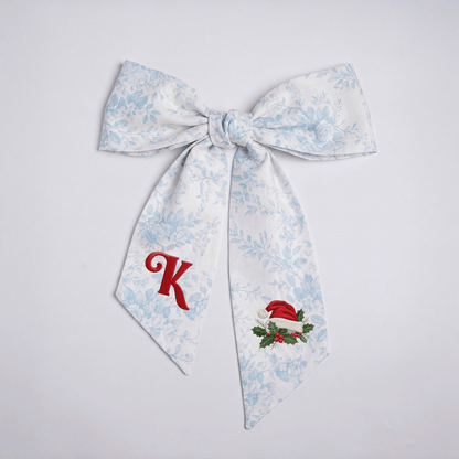 Custom Letter Christmas Santa Hat Embroidered Linen Wreath Sash, Personalized Sage Floral Monogram Bow for Front Door Decor