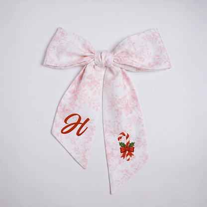 Custom Letter Candy Cane Embroidered Linen Wreath Sash, Personalized Monogram Holiday Bow Sash for Door Decor