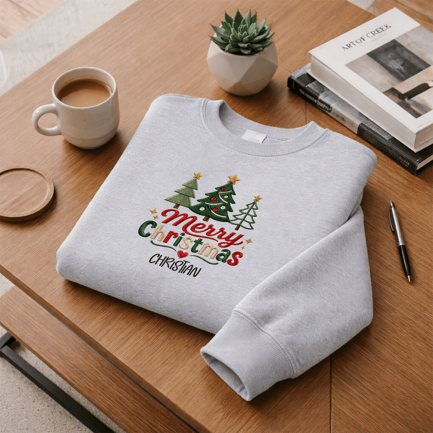 Personalized Embroidered Cute Three Christmas Trees Sweatshirt with Custom Name