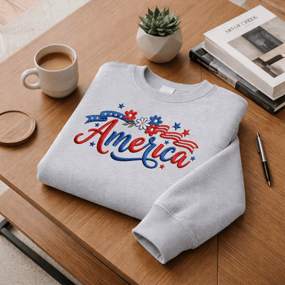 Floral America Embroidery Design - Patriotic USA Flag with Flowers