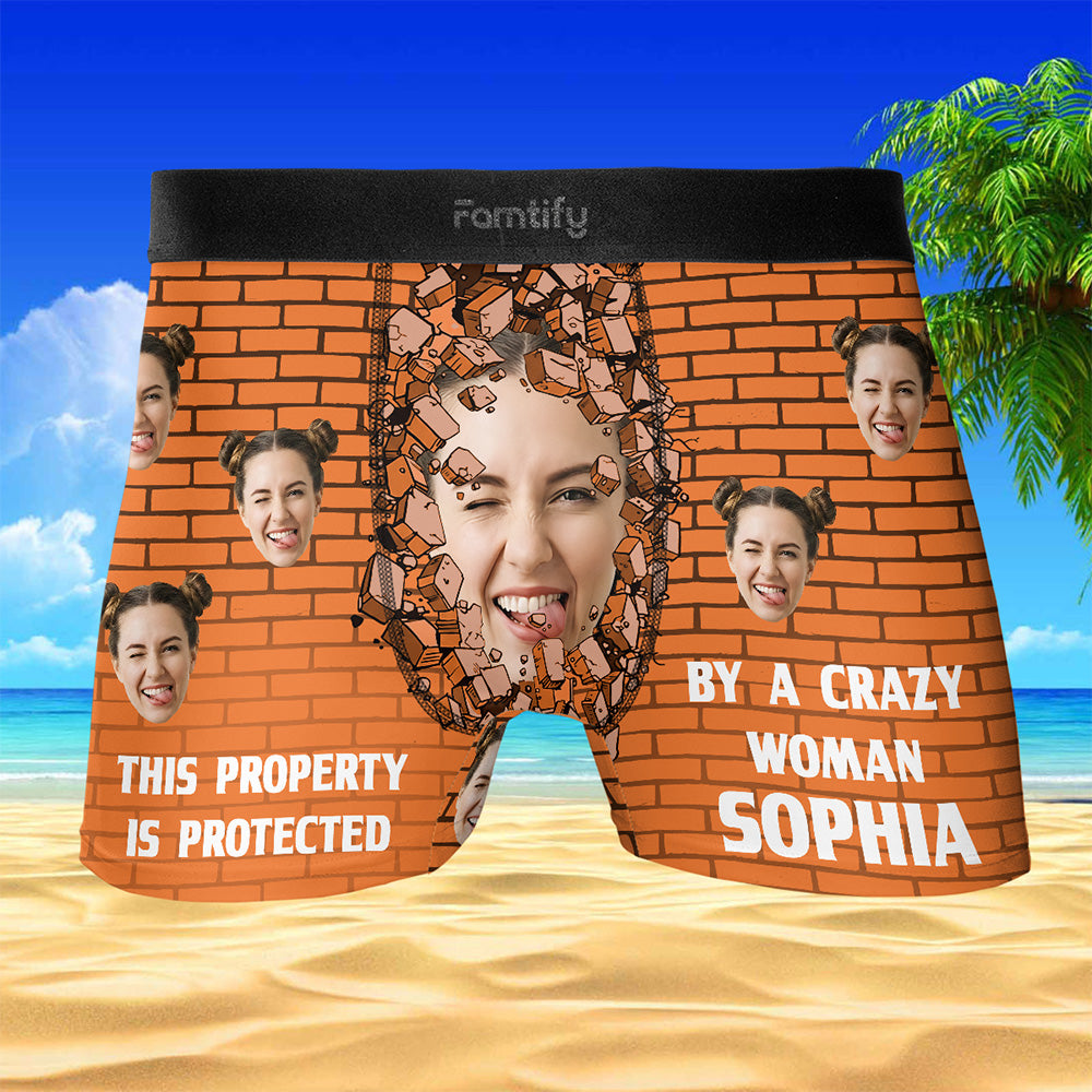 Protected by a Crazy Woman – Hilarious Gift for Husband or Boyfriend – Personalized Photo Men’s Boxer Briefs