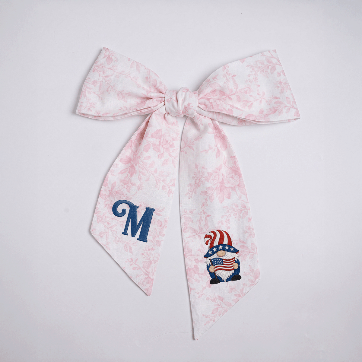 Custom Letter Patriotic Gnome American Flag Embroidered Linen Wreath Sash, Personalized Monogram 4th of July Bow Sash for Door Decor