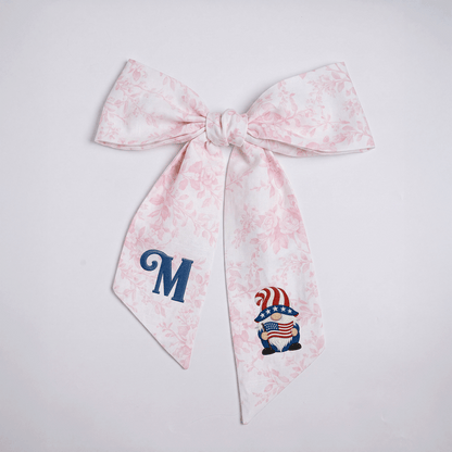 Custom Letter Patriotic Gnome American Flag Embroidered Linen Wreath Sash, Personalized Monogram 4th of July Bow Sash for Door Decor