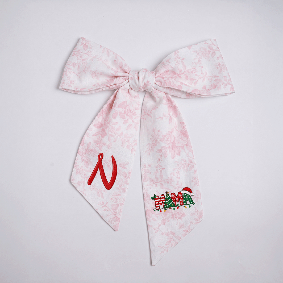 Custom Monogram Mama Embroidered Linen Door Wreath Sash, Personalized Initial Christmas Tree Lights Santa Hat Typography Holiday Wreath Sash & Front Door Decor