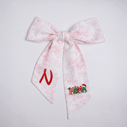 Custom Monogram Mama Embroidered Linen Door Wreath Sash, Personalized Initial Christmas Tree Lights Santa Hat Typography Holiday Wreath Sash & Front Door Decor