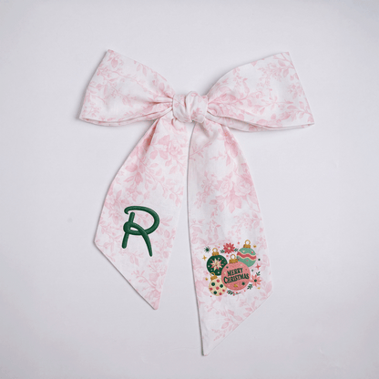Custom Monogram Merry Christmas Ornaments Embroidered Linen Door Wreath Sash, Personalized Initial Festive Baubles Floral Holiday Wreath Sash & Front Door Decor