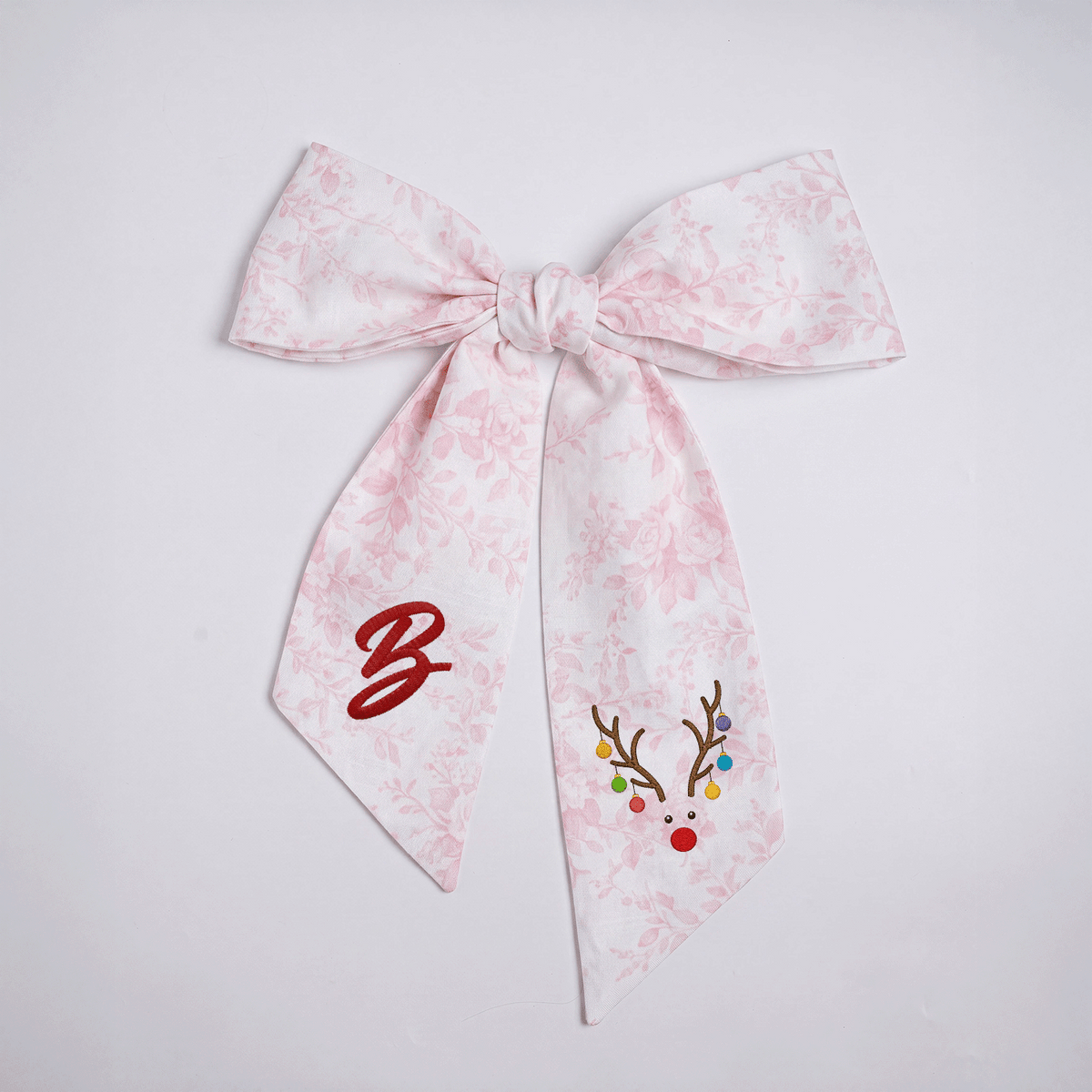 Custom Letter Reindeer Antlers Lights Embroidered Linen Wreath Sash, Personalized Monogram Holiday Bow Sash for Door Decor