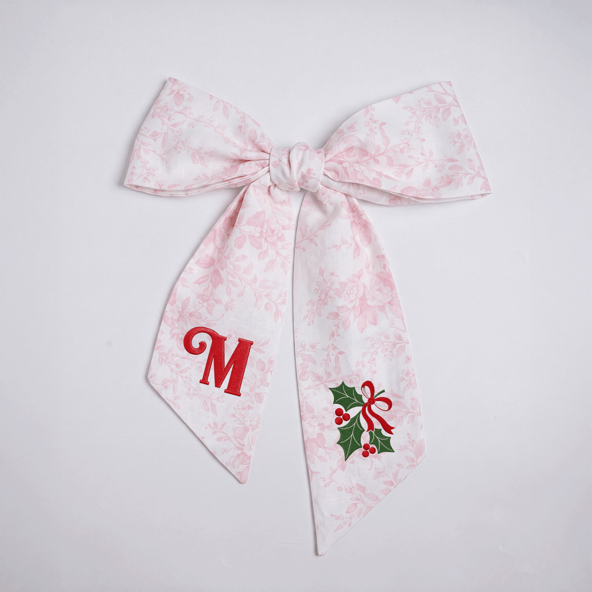 Custom Letter Christmas Holly Berry Embroidered Linen Wreath Sash, Personalized Monogram Holiday Bow Sash for Front Door Decor