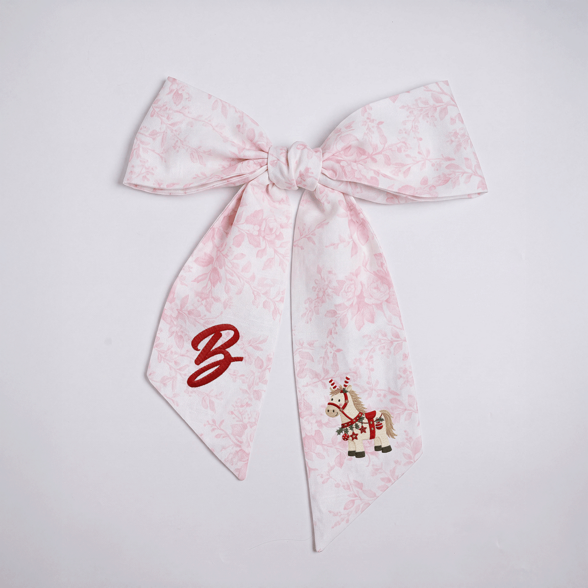 Custom Letter Christmas Rocking Horse Embroidered Linen Wreath Sash, Personalized Monogram Holiday Bow Sash for Door Decor